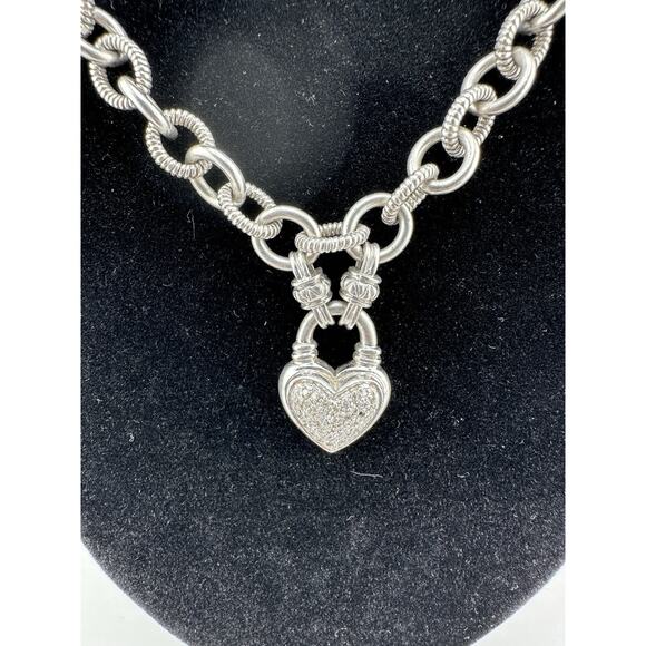 Vintage Heavy 925 Sterling Cable Chain 16" Necklace w/ Pave Diamond Heart 48 gms - Picture 3 of 8